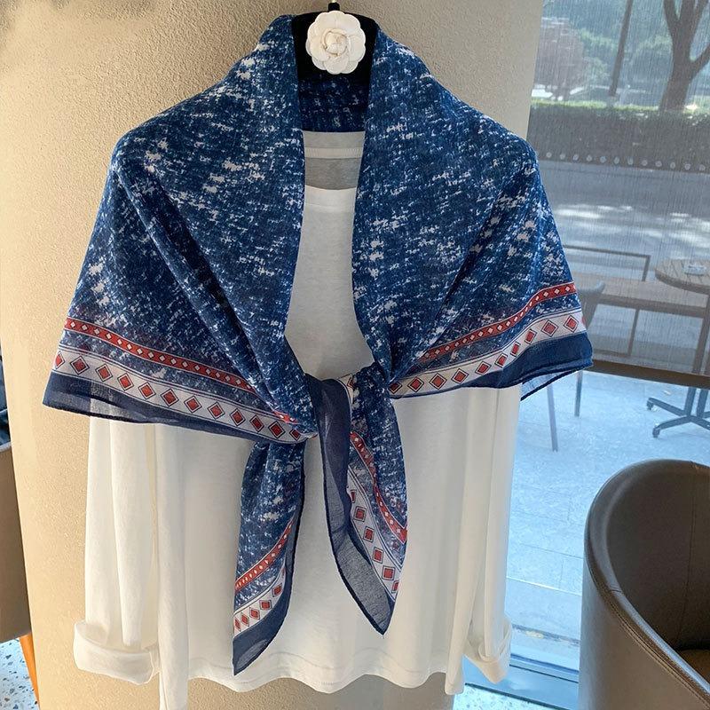 [Variety sunscreen shawl retro printed square scarf women's summer silk cotton silk scarf