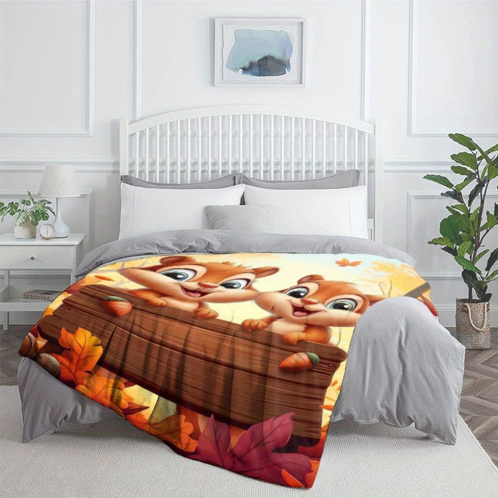 Adorable Chipmunks Autumn Leaves Fleece Blanket Fall Theme Woodland Animals Soft Flannel Throw Cover Kids Room Gift for Children