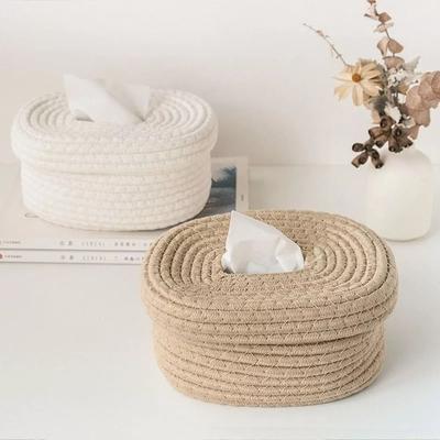New Rectangle Woven Desktop Tissue Box Cotton Rope Portable Pumping Paper Box Home Decor Storage Bag Tissue Bag