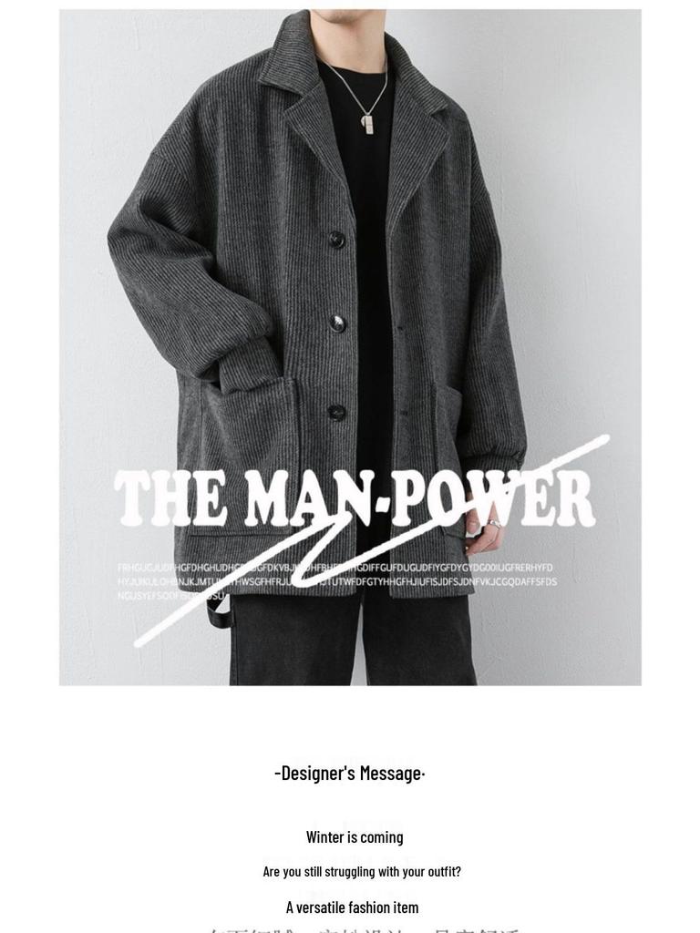 Men's Corduroy Wool Coat - Mid-Length, Loose Fit, Spring/Autumn, Hong Kong & Korean Style