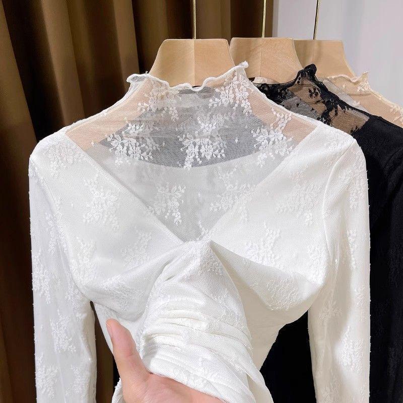 Fleece-Lined High-Neck Sheer Lace Base Layer for Women – Autumn/Winter Trendy White Mesh Top