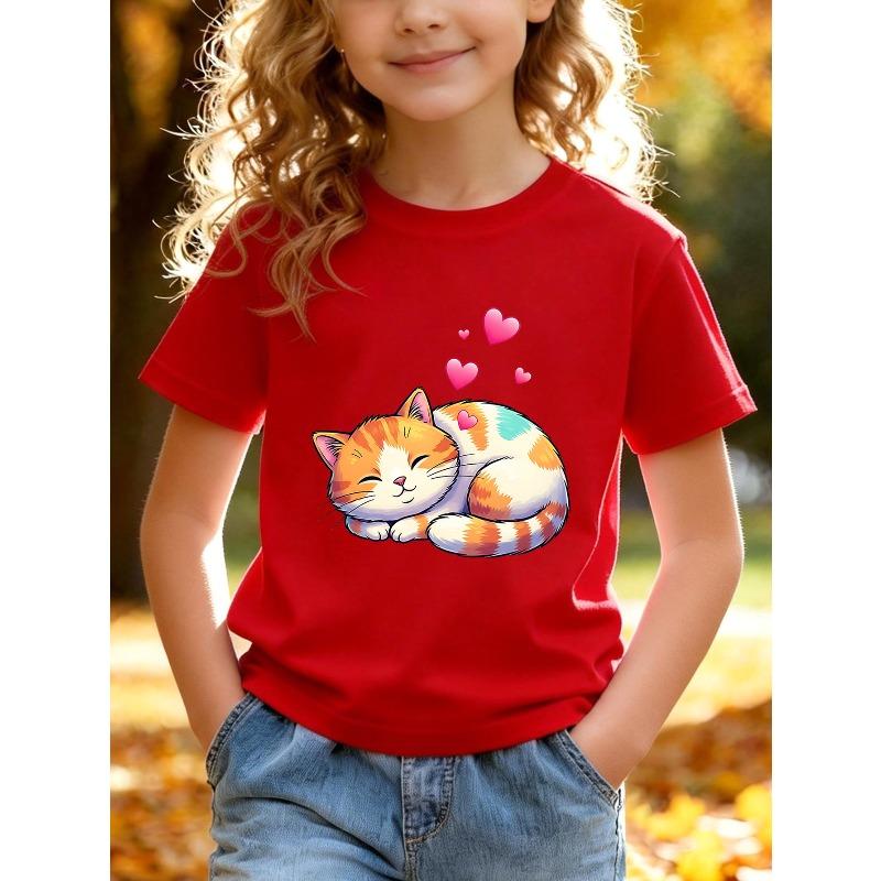 Girls Summer Crewneck T-Shirt, Cute Orange Cat & Heart Cartoon Print