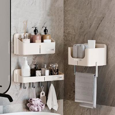 Plastic Bathroom Shelves Self Adhesive Wall-mounted Shampoo Storage Rack Large Capacity with Hooks Makeup Organizer for Home
