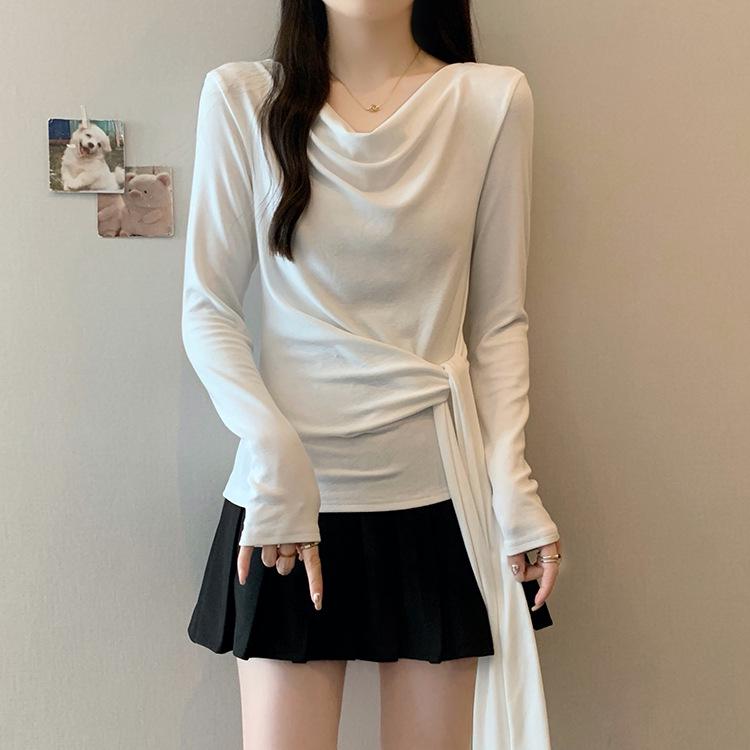 

Plus Size Women s Tie-Waist Long-Sleeve Fake Two-Piece T-Shirt L грязно-белый