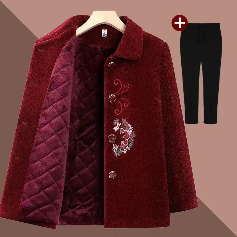 Embroidered Lapel Woolen Coat for Elderly Women - Autumn/Winter, Thickened with Velvet