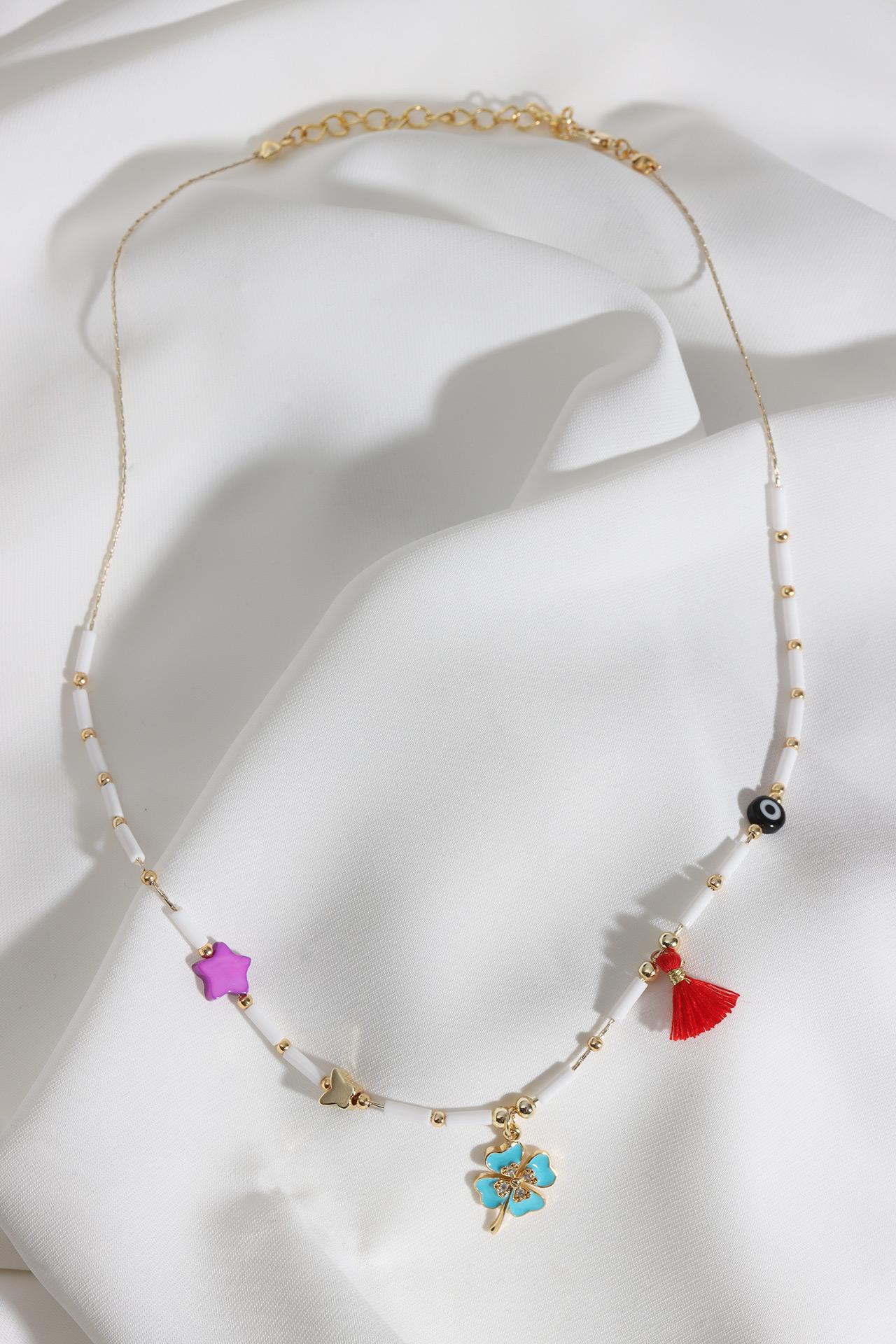 

Кулон клевера с фиолетовой звездой и белым ожерельем