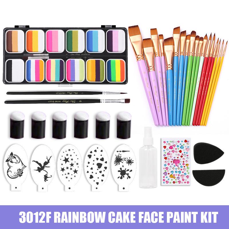 12 Farben Wasserbasierte Körperfarbe Strich Regenbogen Split Cakes Gesichtsmalerei Set mit 18 Pinseln Finger Schwamm und Schablone