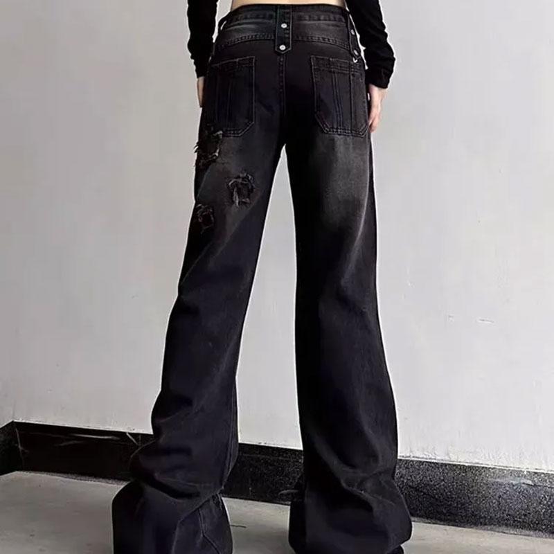 Jeans bootcut larges rétro High Street Automne Hiver Noir Délavé Vêtements Féminins Pantalons en Denim Chic Pantalons Boutonnés Raboutés