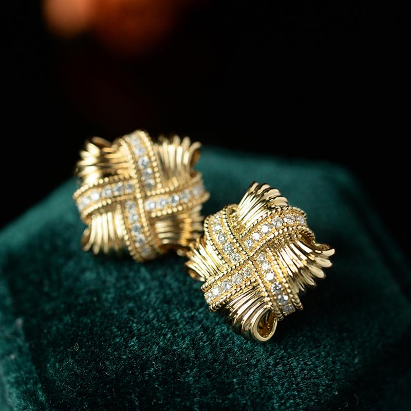 

Huitan Delicate Cross Weave Design Earrings Lady Graceful Accessories Gold Color Brilliant Cubic Zirconia Zircon Exquisite Gift