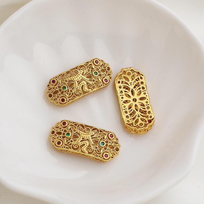 Gold-Plated Sand Color Zircon Inlaid Hollow Bracelet with Retro Carved Chain and Rope for DIY Accessories