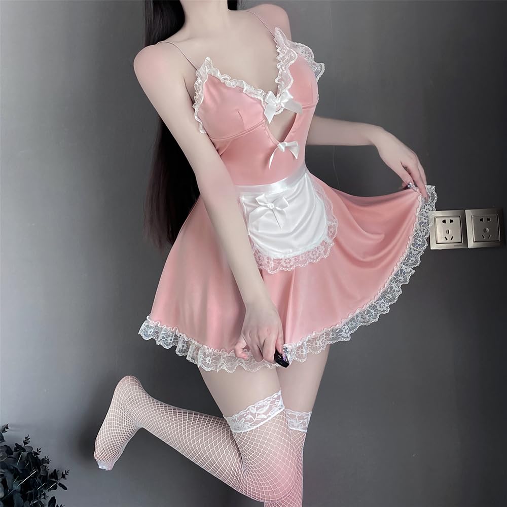 Cosplay Sexy Maid Open Erotic Halloween Set [YUEEI] Uniform, Chest, Black, Pink, Lace, See-through, Extreme, Off-the-Shoulder, V-Neck, Frills, Sexy,