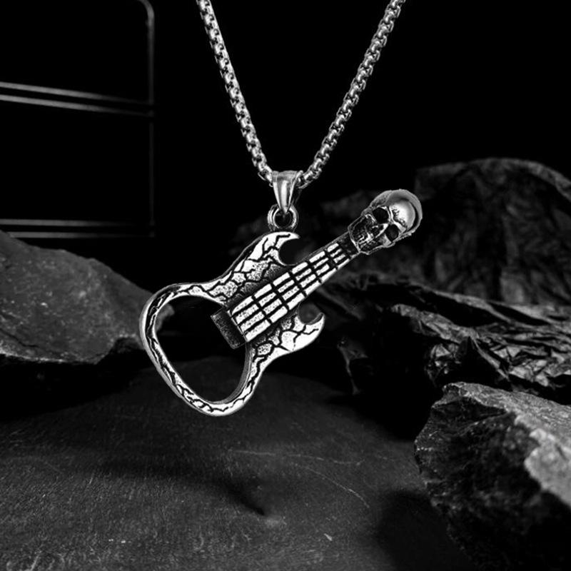 Collier pendentif guitare squelette rétro style hip hop couleur cuivre vintage décapsuleur colliers chaîne en acier inoxydable pour hommes