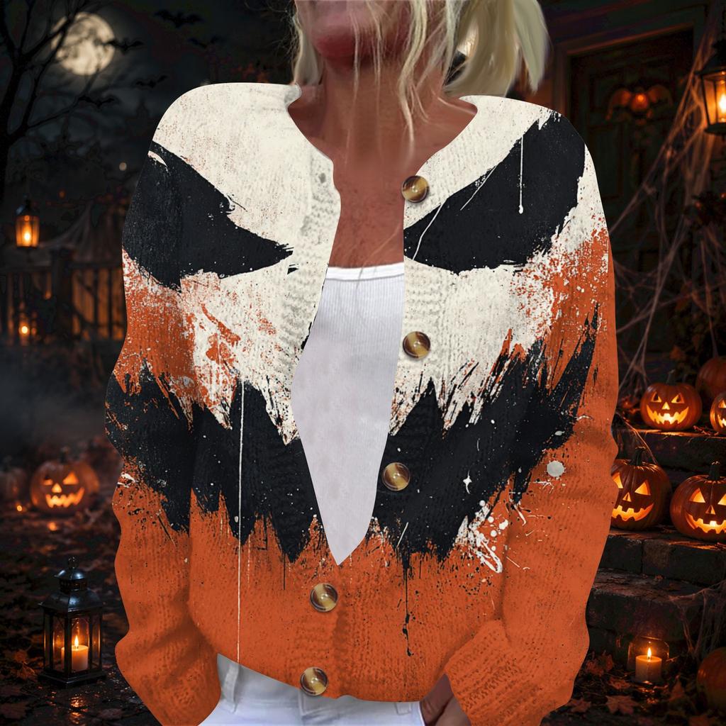 Damen Strickjacke mit langen Ärmeln und Halloween-Print, Pullover mit Knopfleiste für Herbst-Party-Outfits