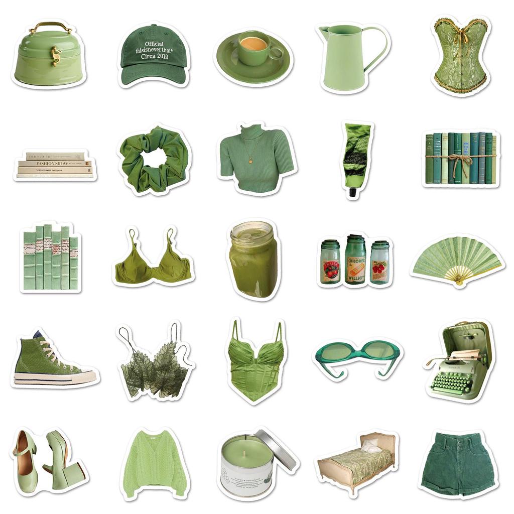 50-Piece Green Graffiti Style Cute Stickers for Journaling, DIY Phone Cases, and Luggage