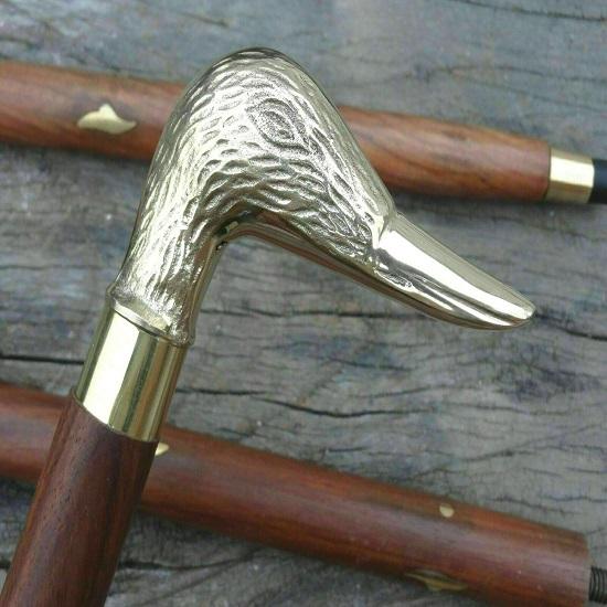 Antique Brown Wooden Walking Cane with Victorian Style Duck Head Handle, 91.44 Cm Stick