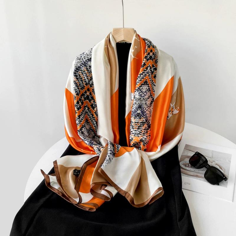 Spring and Summer Thin Silk Scarf High-end Printed Long Scarf New Satin Travel Sunscreen Scarf National Style Cloak