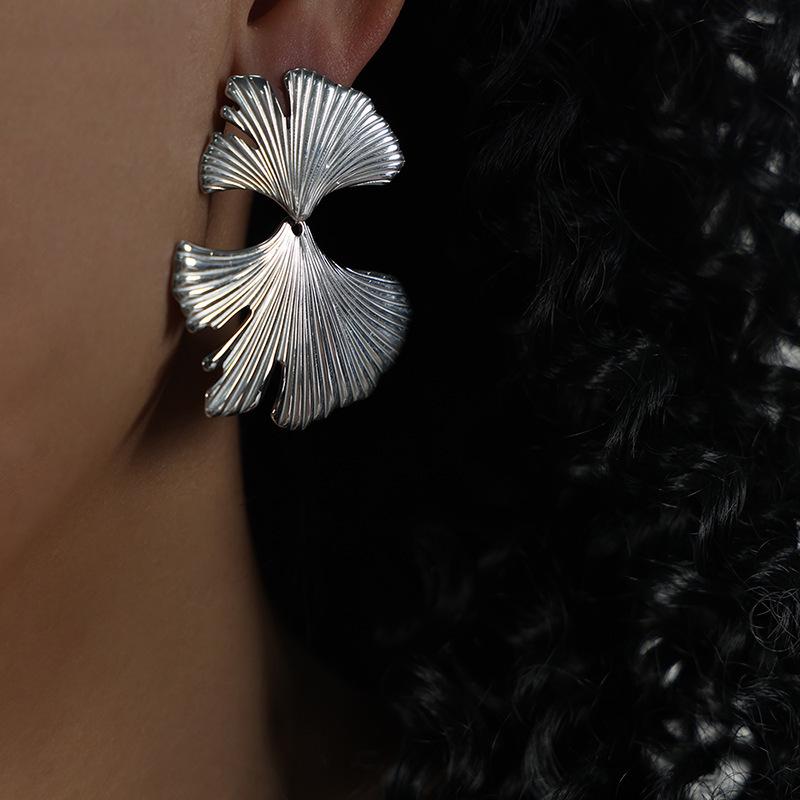 Elegant Titanium Steel Ginkgo Leaf Earrings: Light Luxury, Pleated Design for Women