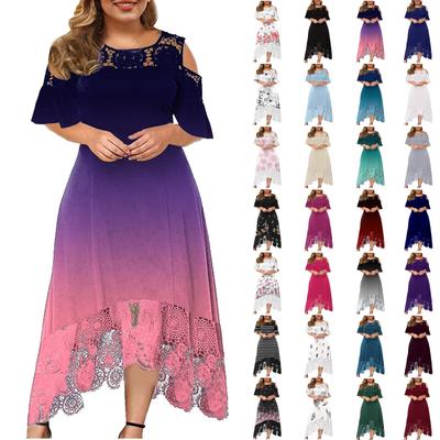 Artı Boyutu Moda Degrade Baskı Kadın Dantel Dikiş Fırfır Kısa Kollu Straplez Kılıf Elbise