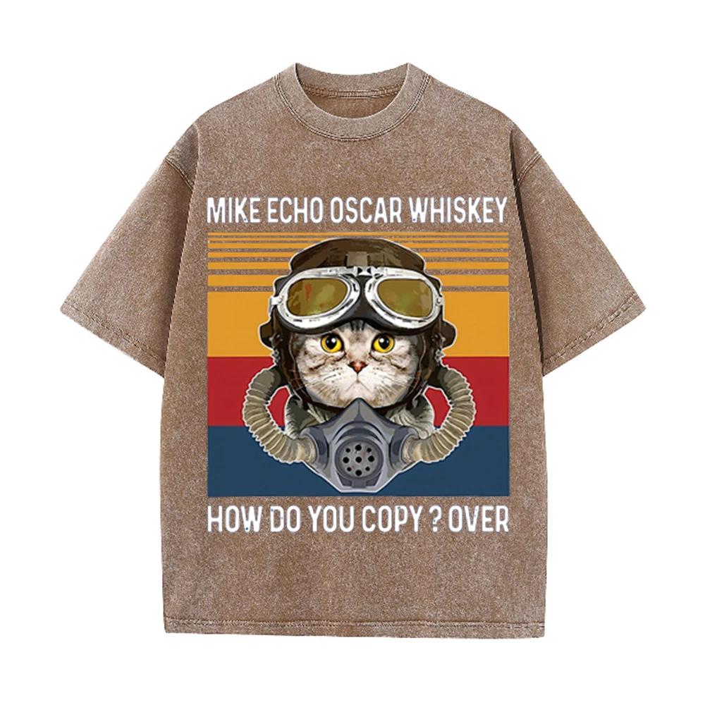 2026 Vintage Pilot Cat Mike Echo Oscar Whiskey Graphic Washed T Shirt Retro Military Style Men Women Oversized Casual Streetwear