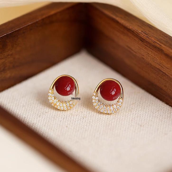 S925 Silver Red Pearl & Diamond Stud Earrings: Elegant, Unique Design for Women