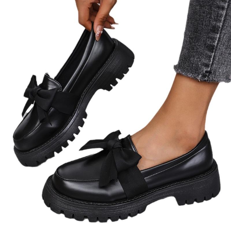 Large size bow women's spring and autumn new platform middle heel lazy retro small leather shoes