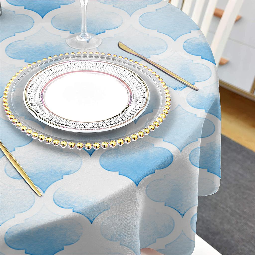 Watercolor Morocco Blue Round Tablecloth Waterproof Wedding Party Dining Table Cover Decoration