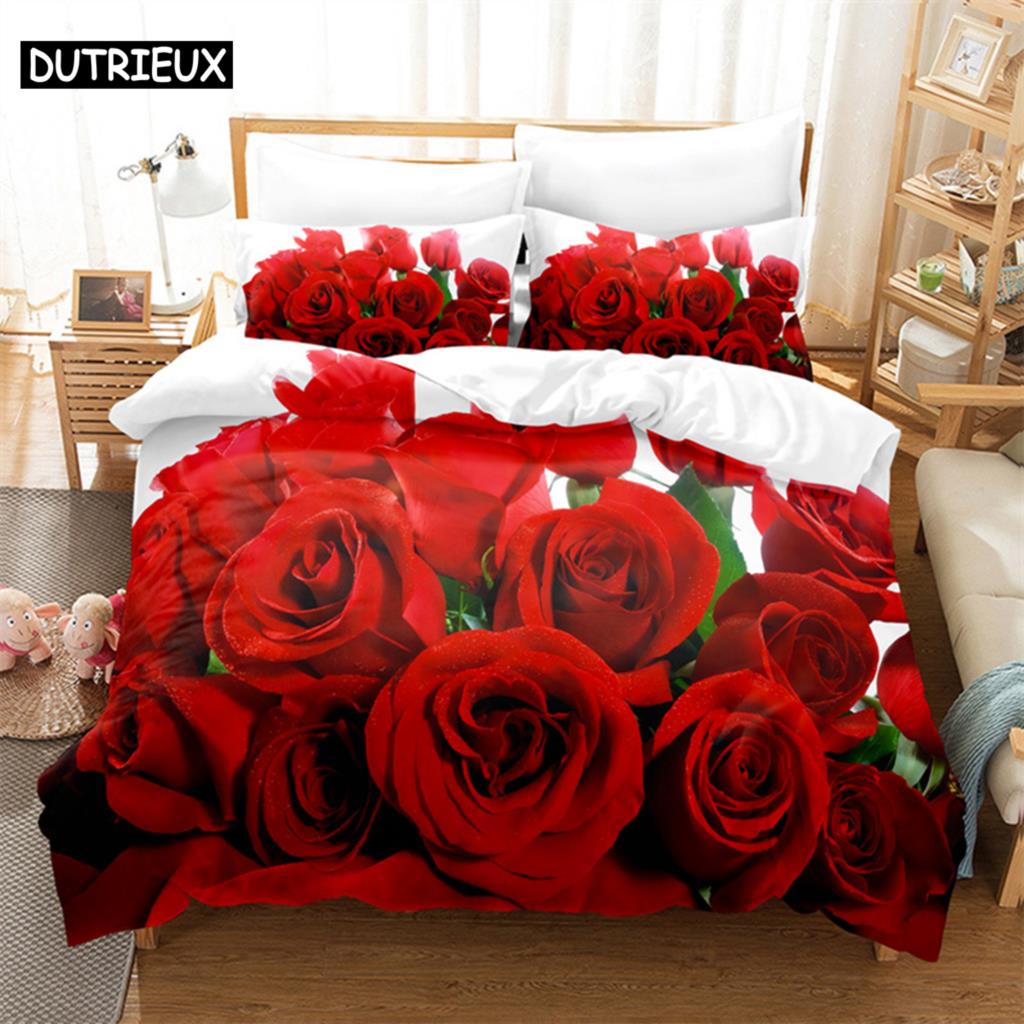 3D potisk červené růže - 3dílná sada povlaku na přikrývku, k dispozici ve velikostech King, Queen, Full, Single & Double