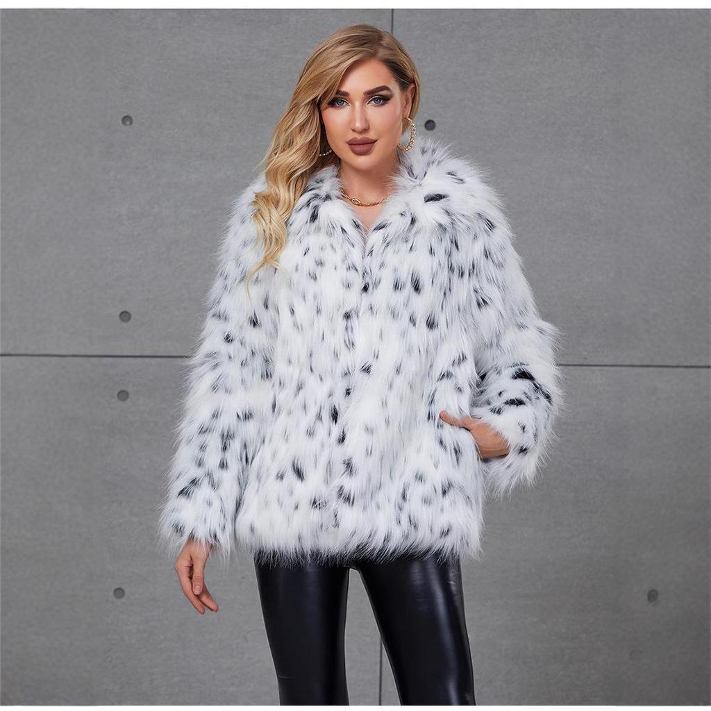 Women's Faux Fur Lynx Leopard Print Coat with Turn-Down Collar - Stylish Faux Fox Fur Jacket