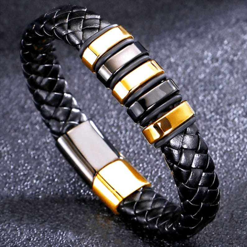 Men’s Tribal Style Stainless-Steel Leather Bracelet – Fashion Magnetic Clasp Titanium Steel Wristband