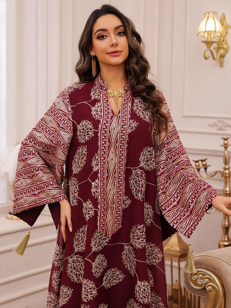 AB423 Plus Size Women's Embroidered Sequin Robe Dress - Middle Eastern, European, American Style