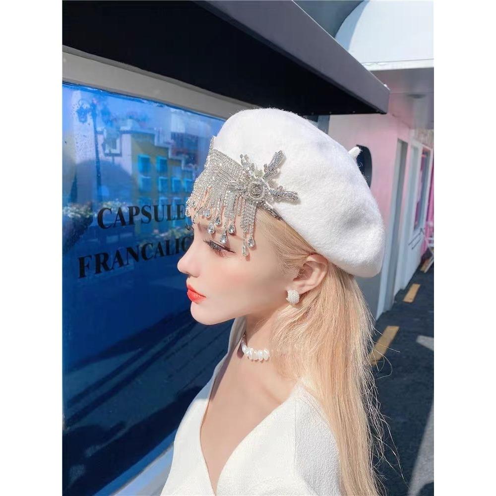 Dámské klobouky Originální Podzimní a Zimní Módní Retro Nádherný Lesklý Křišťál Dlouhý Střapec Haute Couture Vlna Malířský Baret