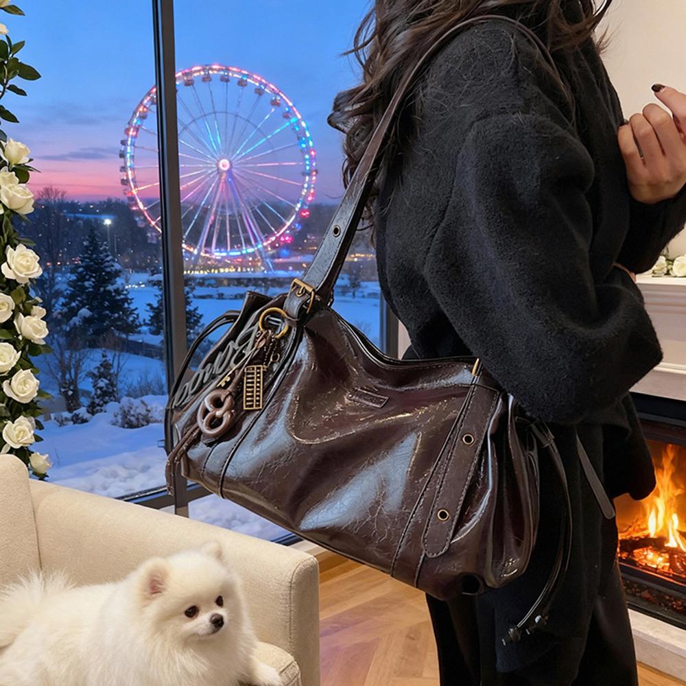 Glossy PU Leather Tote Bag Solid Color Big Charm Large Capacity Shoulder Purse Vintage Style Crossbody Bag for Women Daily Use