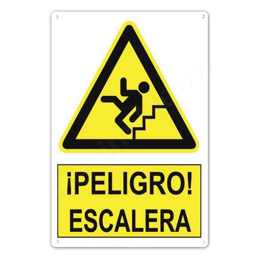 Spanish Warning Sign Danger Metal Sign for Street Yard Bar Workshop Decor Yellow Waterproof Caution Signs Outdoor Indoor