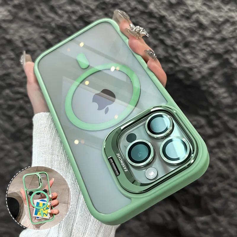 Magnetic Metal Lens Protector Stand Holder Case For iPhone 15 12 13 14 11 Pro Max Plus For Magsafe with Glass Lens Clear Cover
