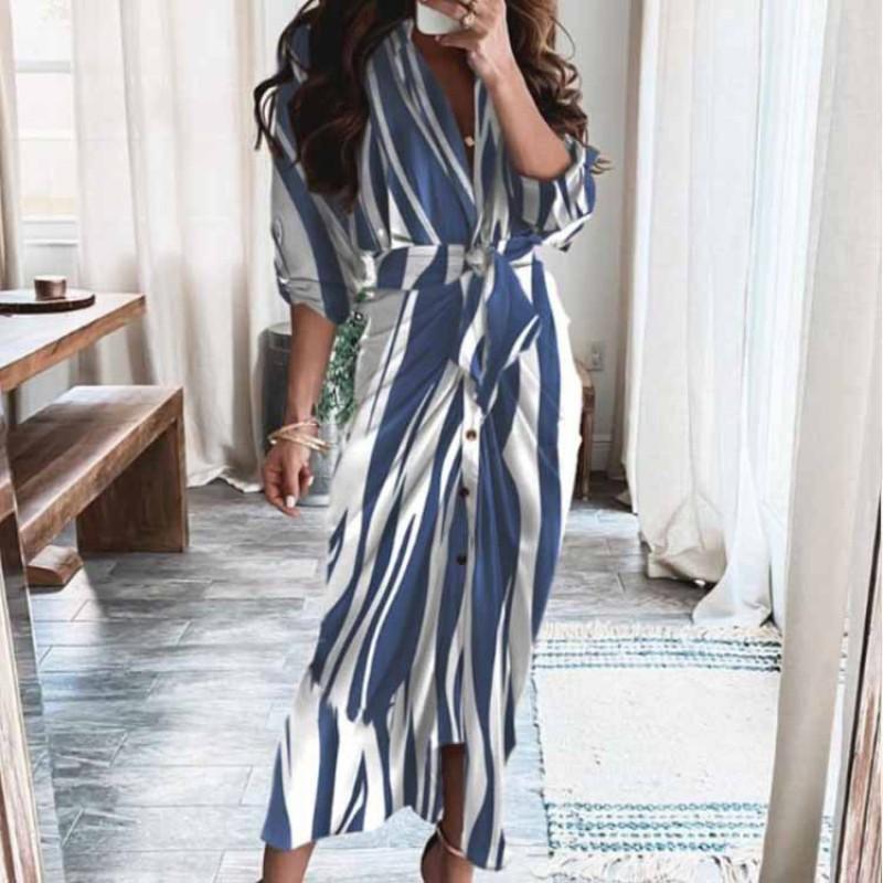 2026 Womens Elegant V-Neck Wrap Tie High-Waist Floral Print Long Dress Slim Fit Casual Office Wear
