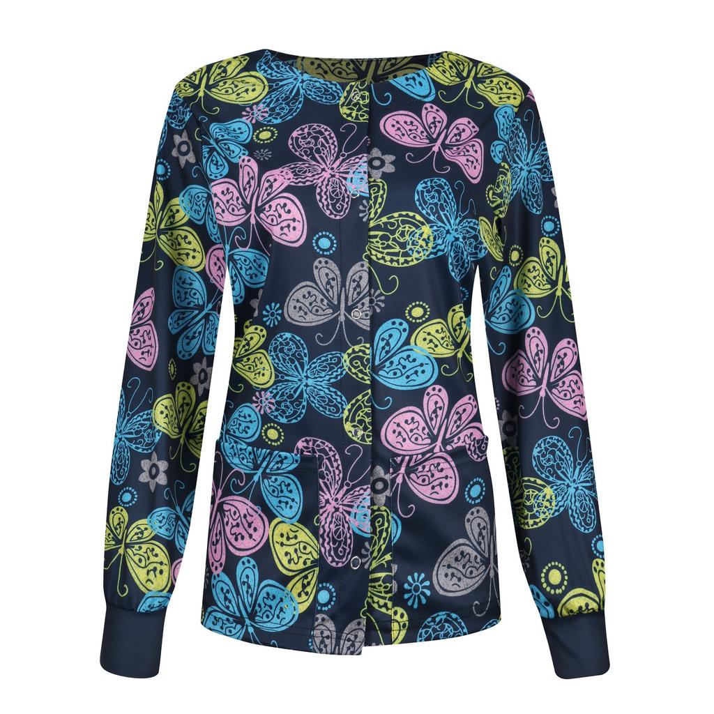 Women Casual Fashion Long-sleeved Stand-up Collar Single-breasted Printed Women's Protective Overalls Jacket Top