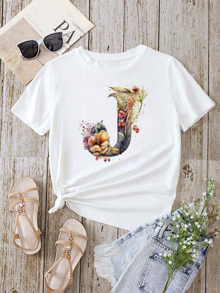 Custom Name Letter Combination Fashion Women T-shirt Floral Letter Font A B C D E F G Short Sleeve Tops White T-shirt