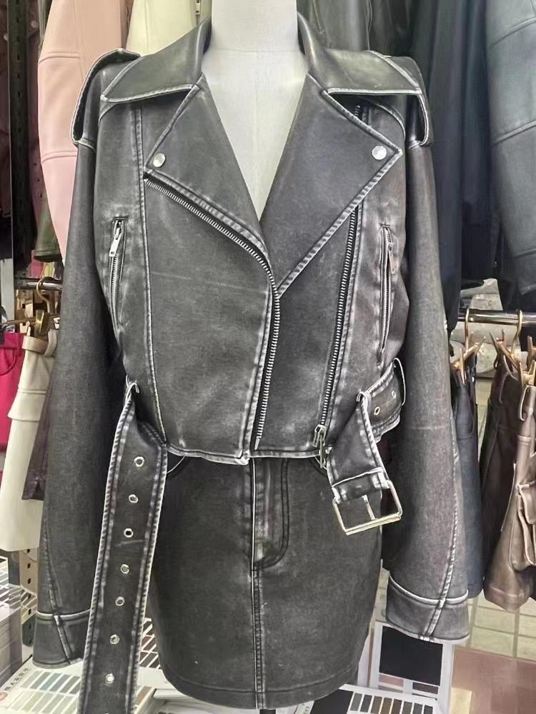 Women's Retro Hong Kong Style PU Leather Motorcycle Jacket - Short, Trendy Spring/Autumn 2023 Edition