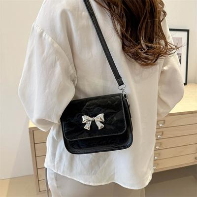 Bow Texture Shoulder Bag Foreign Style Solid Color Small Square Bag Female Beautiful Simple Messenger Bag