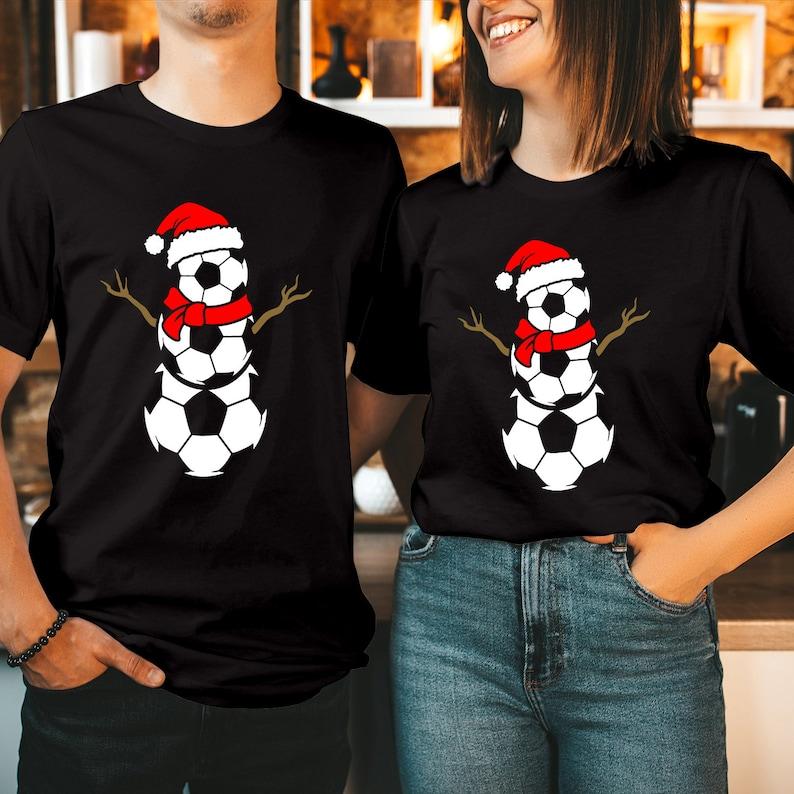 FOOTBALL SNOWUnisex Christmas Cotton TShirt Rudolph Reindeer Santa Hat Festival Gift Soccer Ball Costume Xmas Family Holiday Shirt