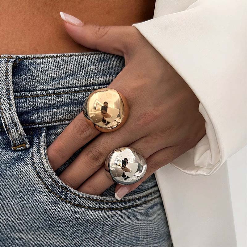Exaggerated Metal Glossy Round Ball Shape Ring for Women Men Fashion Gold Silver Color Geometric Adjustable Rings Jewelry