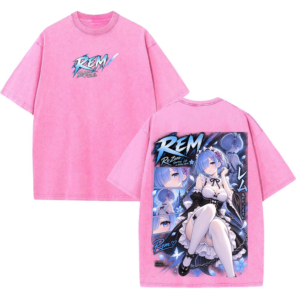 Rem Re:Zero Anime Retro T Shirt Fashion Manga Vintage Washed Streetwear Harajuku Oversized 100% Cotton T-shirt Men Women Tee Top