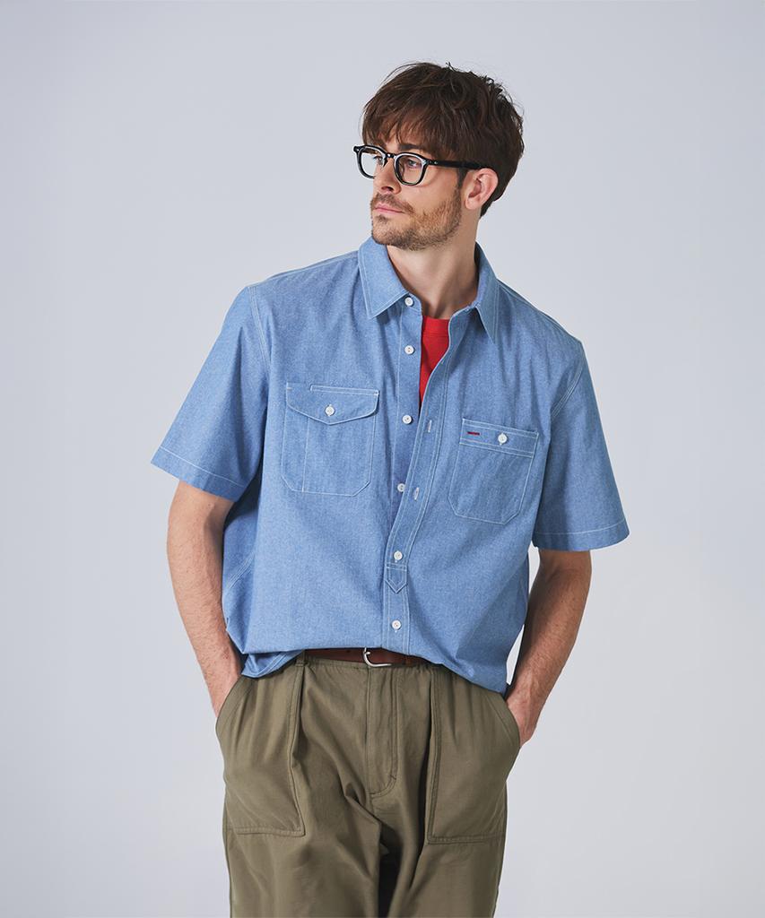 Geonjiulleunseu Chambray Work Short Sleeve Shirt - Light Blue