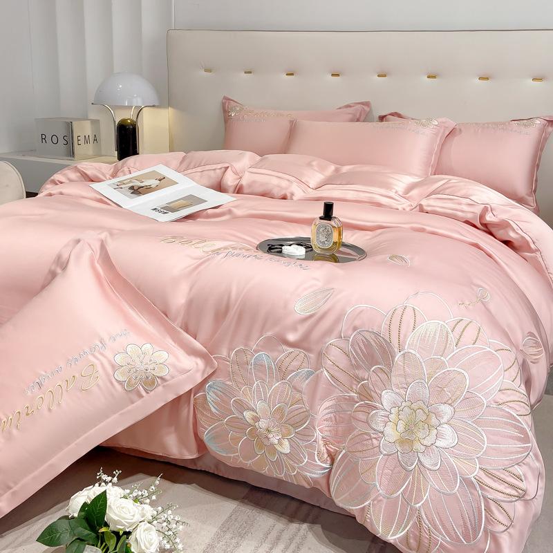 

Комплект постельного белья из ледяного шелка, четырехпредметный, вышивка, приятный к коже, дышащий, удобный, простыня, пододеяльник, наволочка 2.0m bed