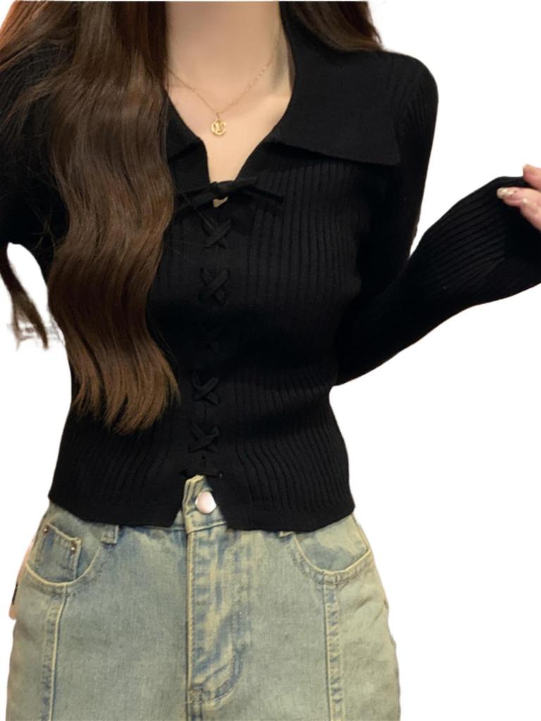 Polo Collar Long Sleeve Knitted Slim Petite Sweater for Women - Early Autumn Collection