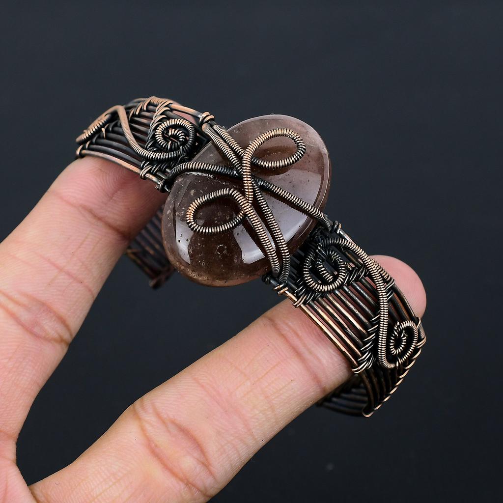 Natural Smoky Quartz Gemstone Handmade Copper Wire Wrap Bangle Adjustable o2D64