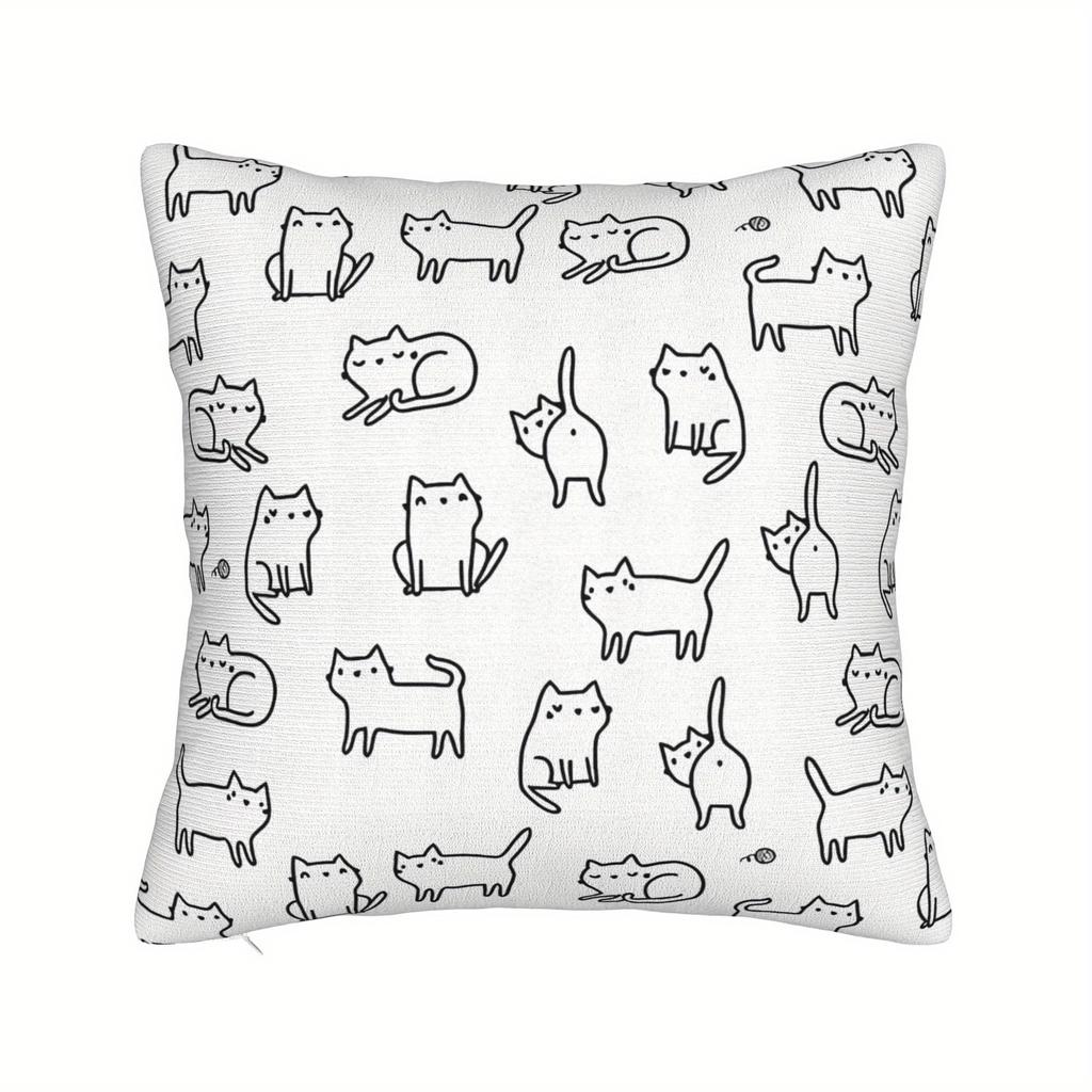1Pc White Cat Pattern Pillow Cover - Contemporary Style Cute Kitten & Kitties Design, Zipper Closure, Machine Washable For Porch