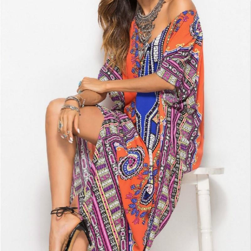 Весенняя женская одежда Большие размеры Южноамериканский стиль Принт Повседневное Модное платье Длинное платье серый