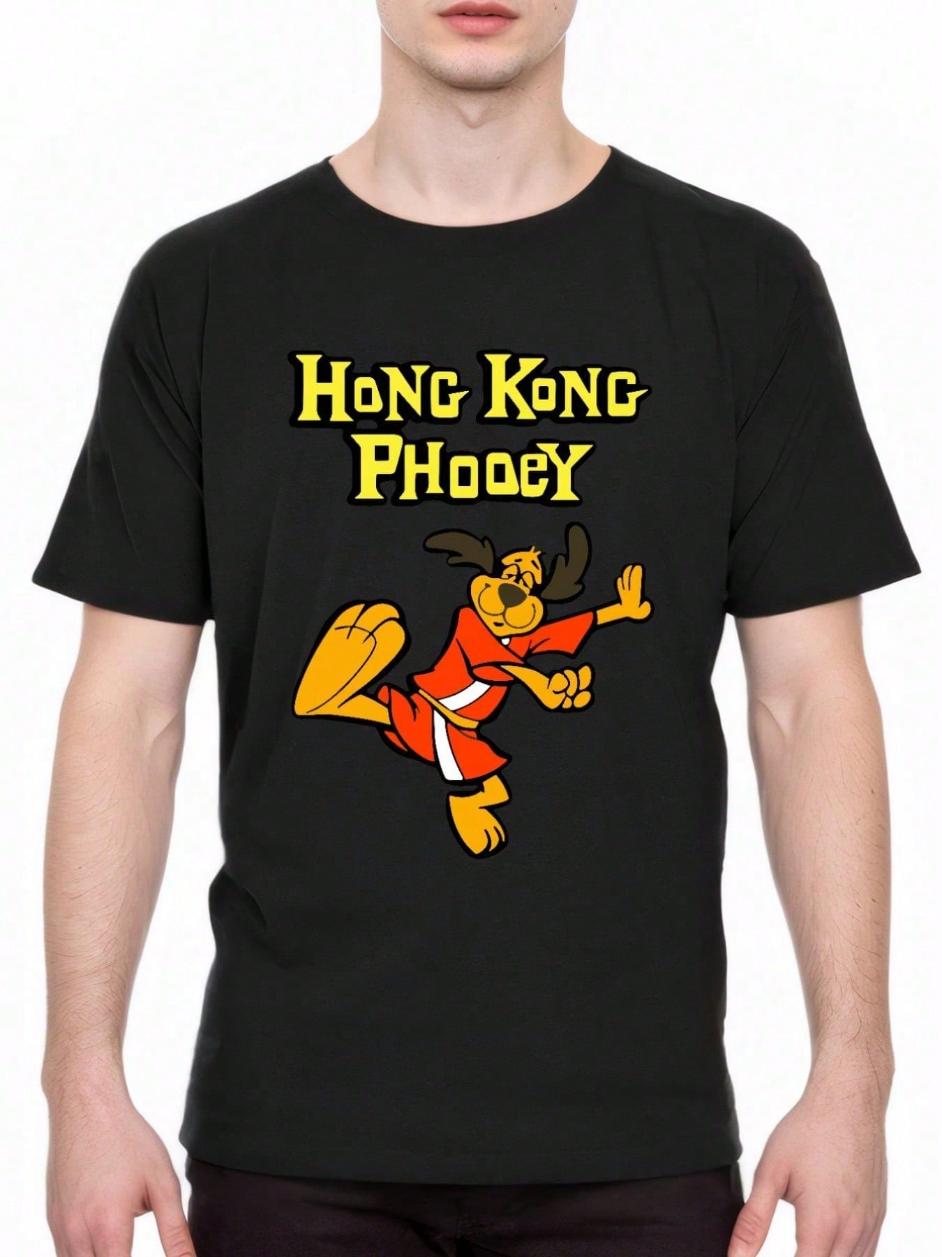 Mens Hong Kong Phooey Graphic TShirt Black Cotton Casual Tee with Fun Cartoon Print Comfortable Stylish for Casual Attire S
