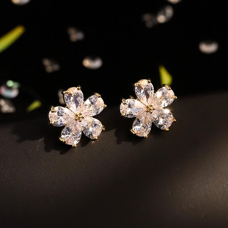 925 Silver Korean-Style Zircon Stud Earrings: Five-Petal Flower Design